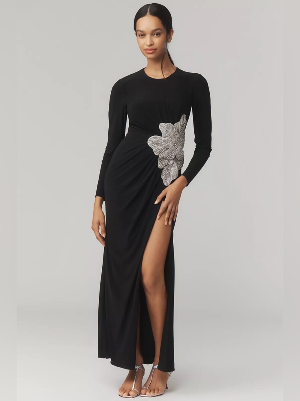 MAC DUGGAL Black Jersey Gown With Embellished Flower